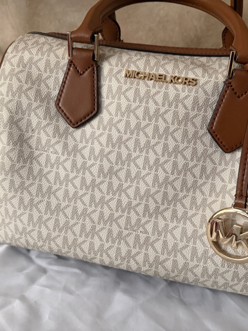 Michael Kors Cream & Brown Signature Satchel with Gold Hardware